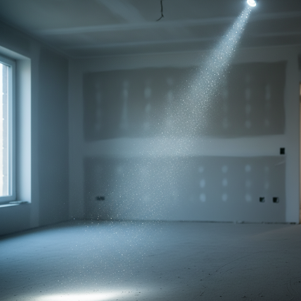 microscopic dust particles illuminated by a beam of light in a freshly renovated, empty room. Focus on the pervasive nat