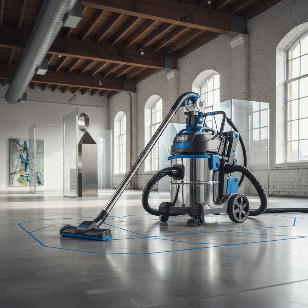 a professional cleaner operating a HEPA-filtered vacuum in a large, open renovated space, demonstrating advanced cleanin