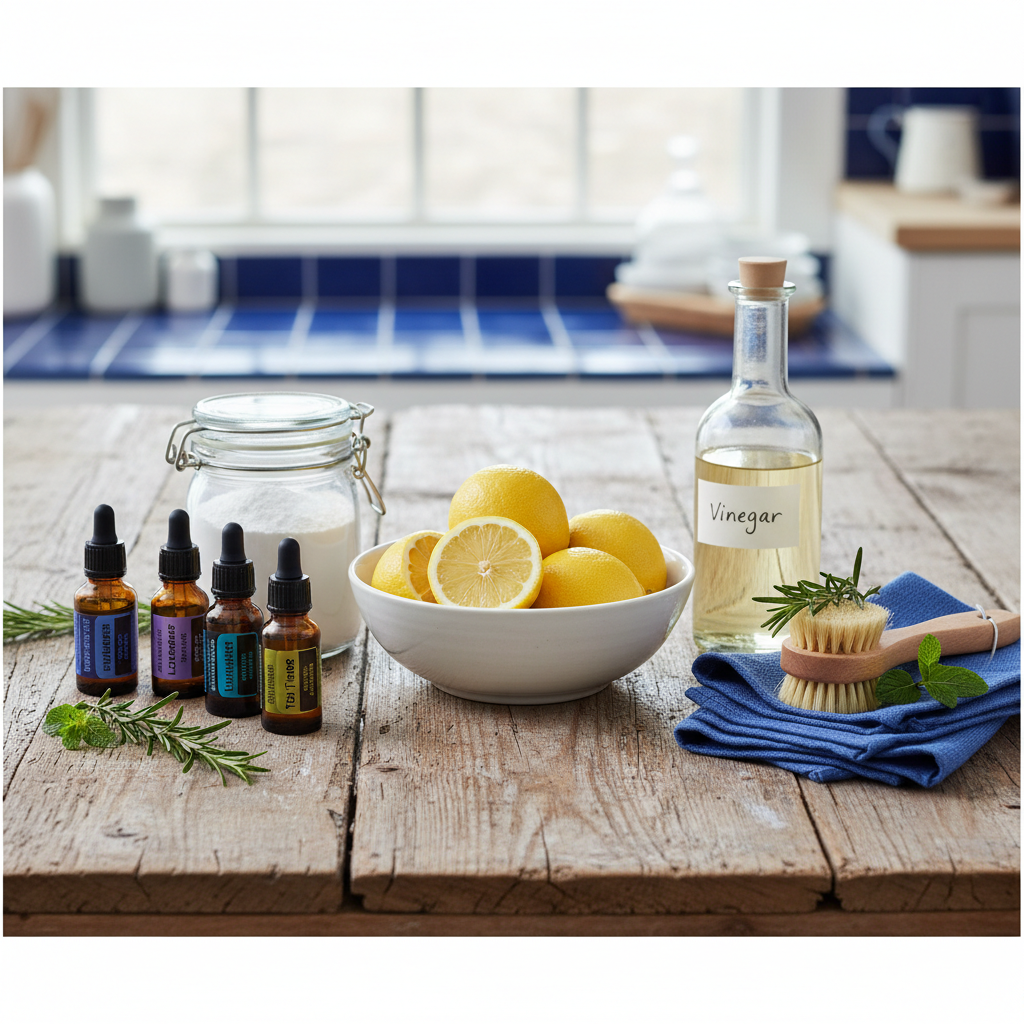 a collection of natural cleaning ingredients like lemons, baking soda, vinegar, and essential oils arranged aestheticall