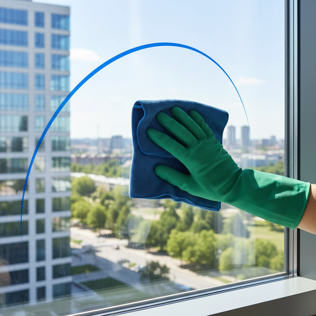 a hand in a green cleaning glove wiping a streak-free window with a microfiber cloth, showing a clear, bright view outsi