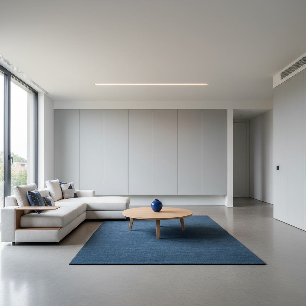 a minimalist, tidy living room with natural light, showing an open space, cleared surfaces, and a general sense of order