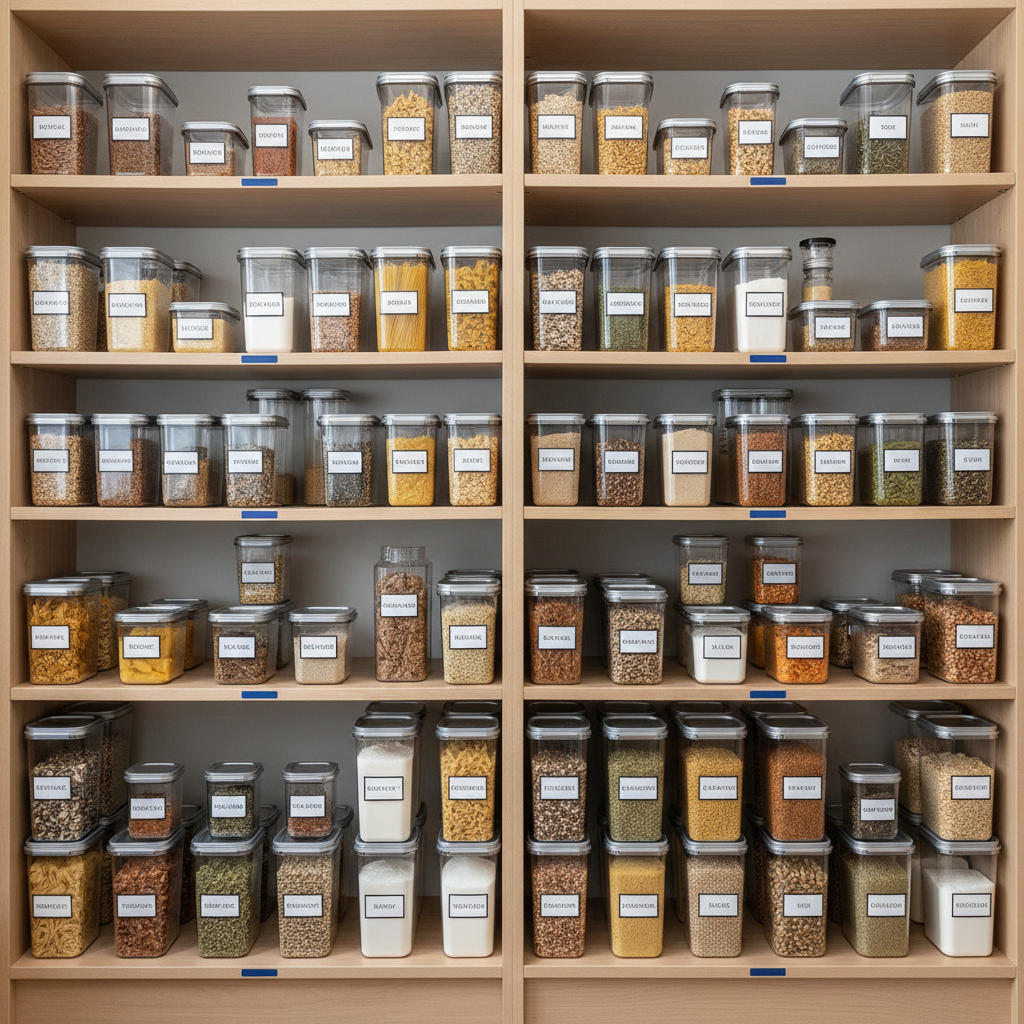 a clean, organised kitchen pantry with clear containers, neat labels, and all items visible and accessible