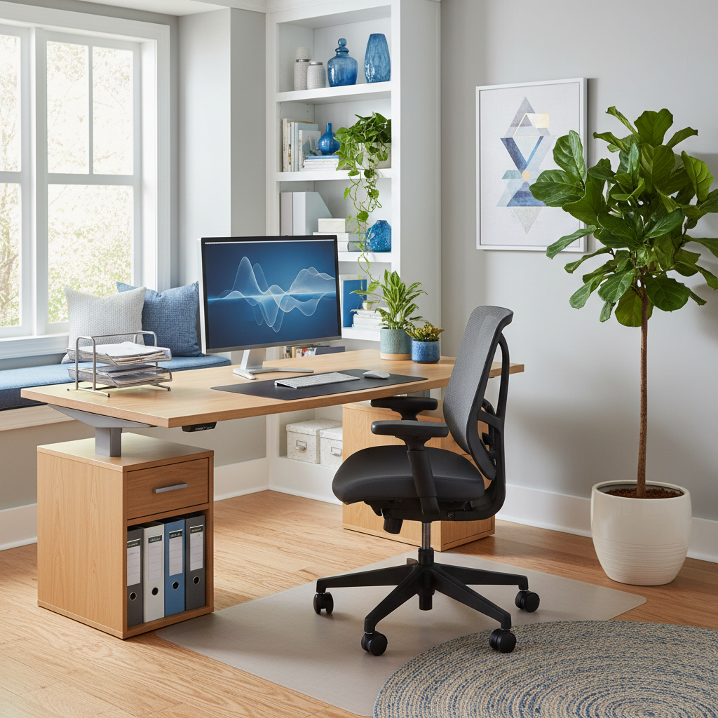 a well-lit home office with ergonomic furniture, a neat desk, organised files, and lush green plants