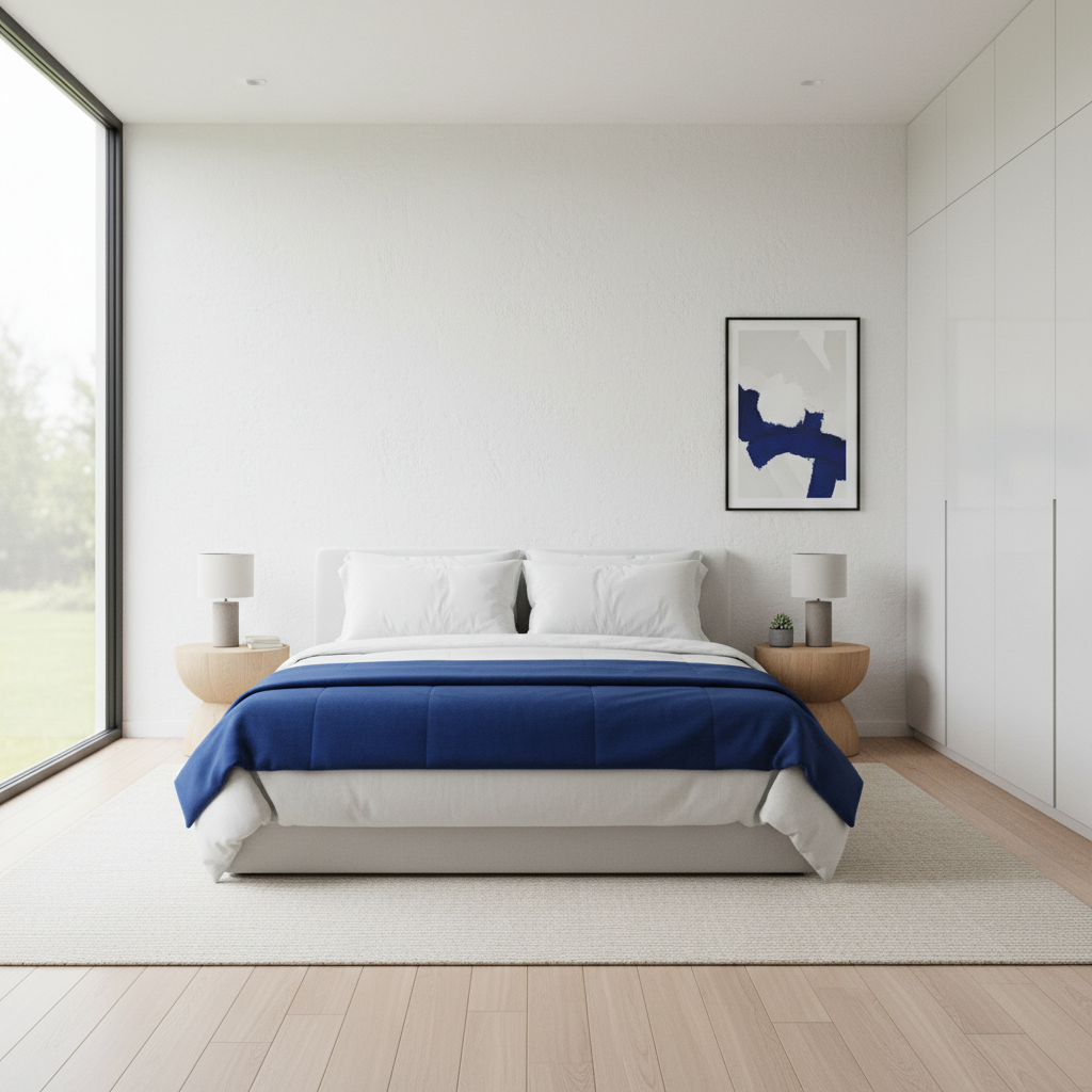 a minimalist, airy bedroom with a neatly made bed, simple decor, and ample natural light, conveying a sense of calm