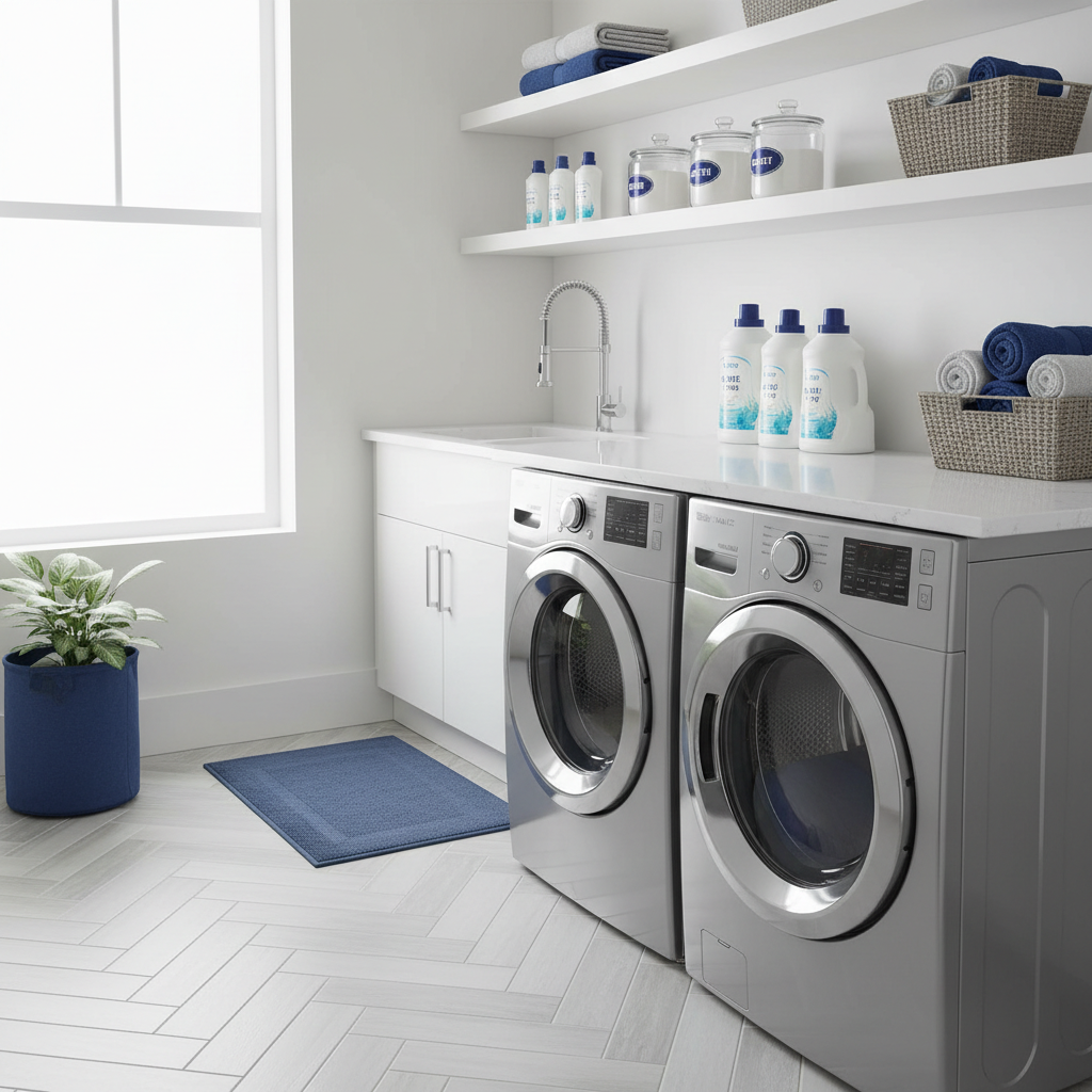 a bright, modern laundry room with well-organised shelves for detergents, neatly folded towels, and a sparkling clean wa