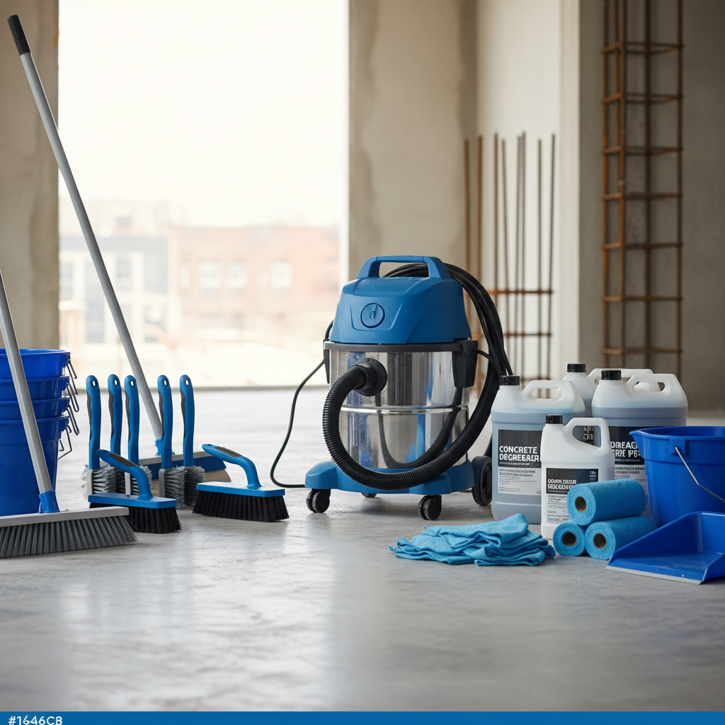 various cleaning tools specifically for construction cleanup, such as a shop vacuum, heavy-duty scrub brushes, industria
