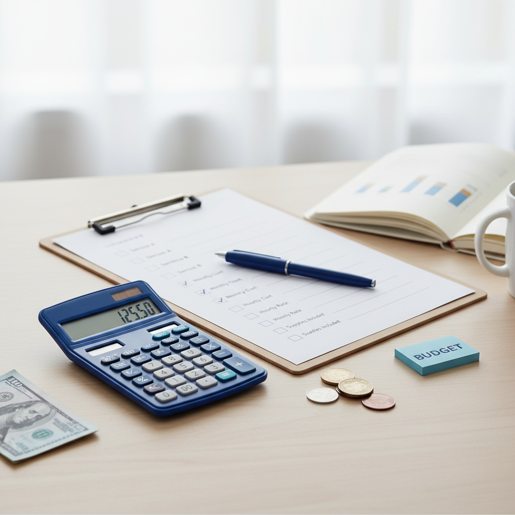 a checklist and a small calculator on a clean desktop, symbolizing cost comparison and budgeting for cleaning services