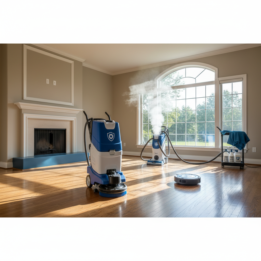 a professional cleaning team wearing uniforms and masks, efficiently cleaning a large, empty living room with specialize