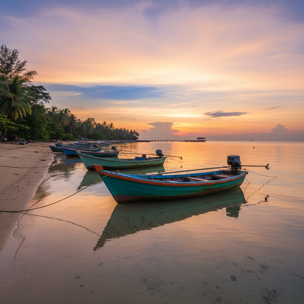 tranquil coastal scene in Changi Village, Singapore, with traditional fishing boats along the shore at sunset. No people - Road trip Singapore chauffeur