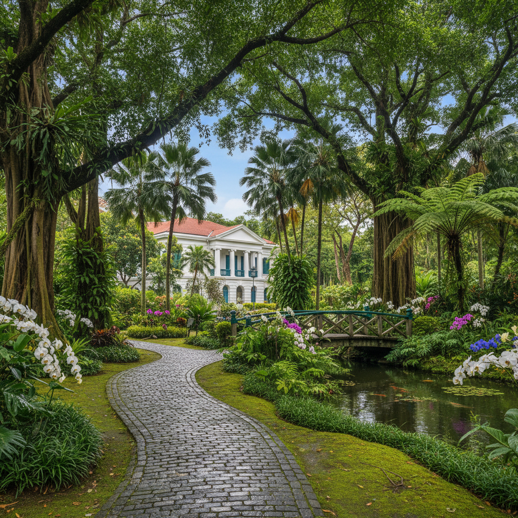 a lush, winding path through a historic tropical park in Singapore, with colonial-era architecture subtly in the backgro - Road trip Singapore chauffeur