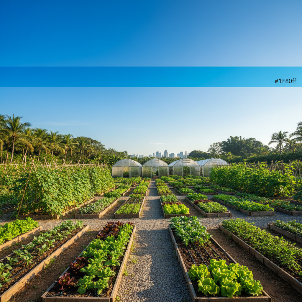 a vibrant, flourishing organic farm in Singapore, with neat rows of vegetables under a clear blue sky. No people. - Road trip Singapore chauffeur