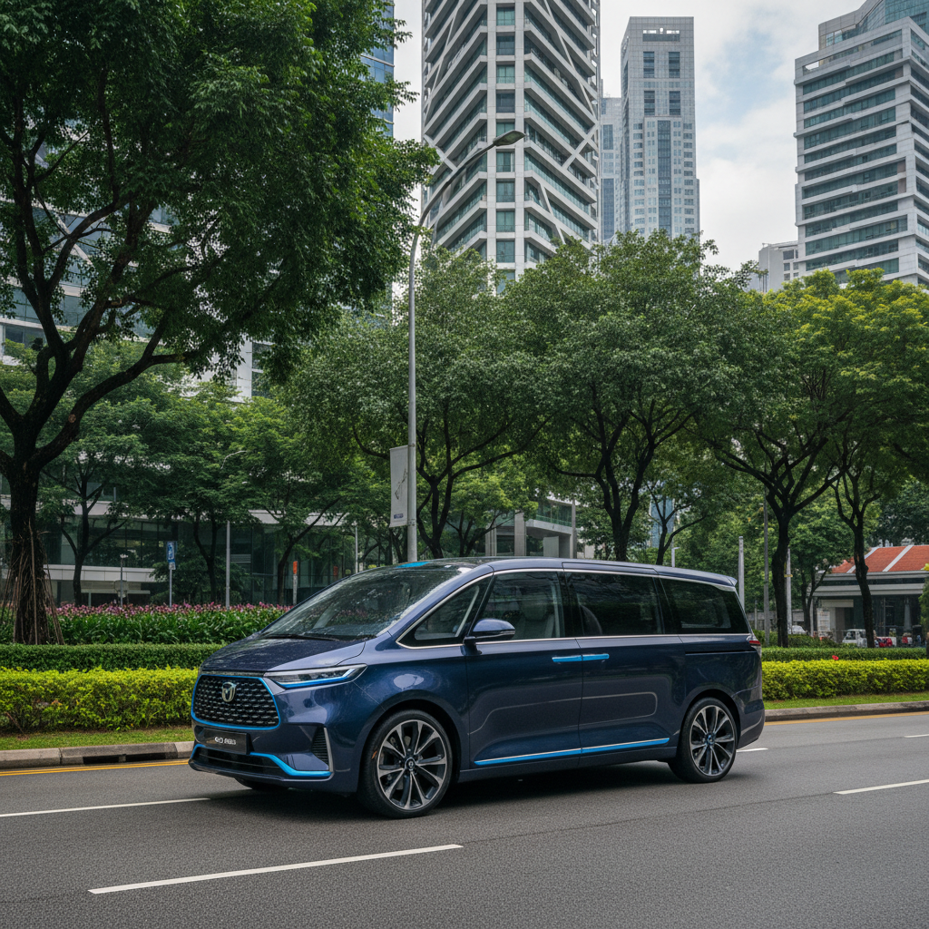 a sleek, modern 7-seater maxicab parked on a clean street in Singapore, with a backdrop of green foliage and contemporar - Road trip Singapore chauffeur