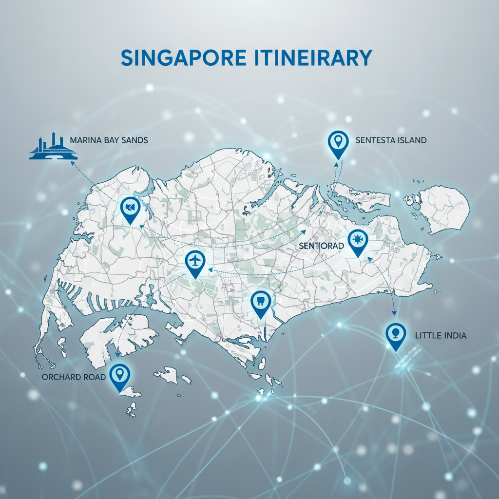 a digital map of Singapore highlighting various points of interest with route lines, indicating a planned travel itinera - Road trip Singapore chauffeur
