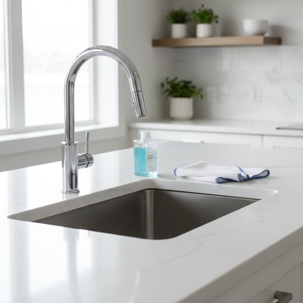 a sparkling, disinfected kitchen countertop with a clean sink and polished faucet, reflecting ambient light from a windo