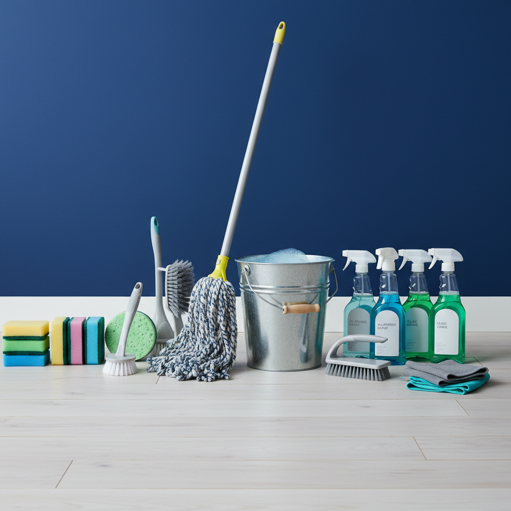 various cleaning tools neatly arranged: sponges, brushes, sprays, mop, and bucket, all looking new and ready for use, no