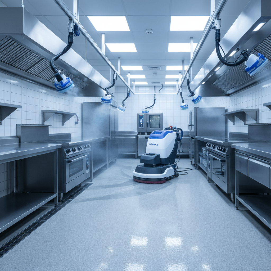 a sterile, modern kitchen being cleaned by commercial cleaning equipment, emphasizing thoroughness and hygiene, no peopl