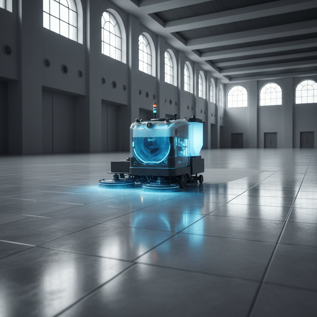 a professional cleaner operating a floor scrubber machine in a large, empty hall with shiny, clean floors, conveying eff