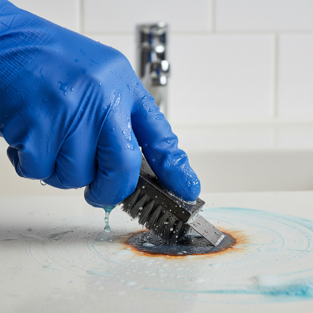 a close-up of a hand wearing a protective glove using a specialized cleaning tool to scrub a difficult stain on a surfac