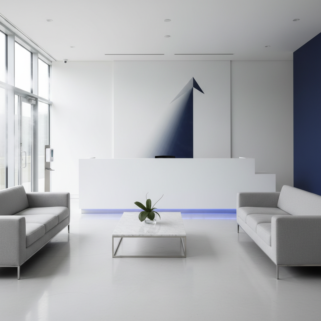 a clean, minimalist reception area of a corporate office, freshly cleaned and disinfected, with no people, signifying re