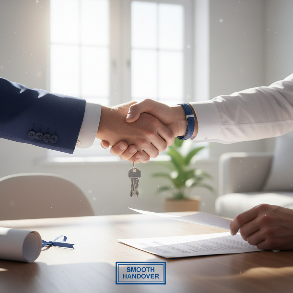 a landlord shaking hands with a new tenant in a brightly lit, clean apartment, symbolizing a smooth handover