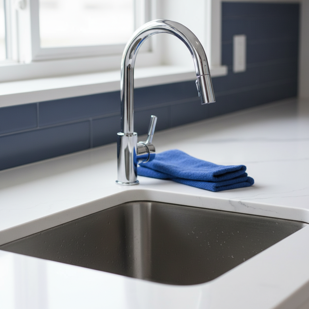 a close-up of a sparkling clean kitchen sink with polished chrome faucet and spotless countertop, reflecting hygiene and