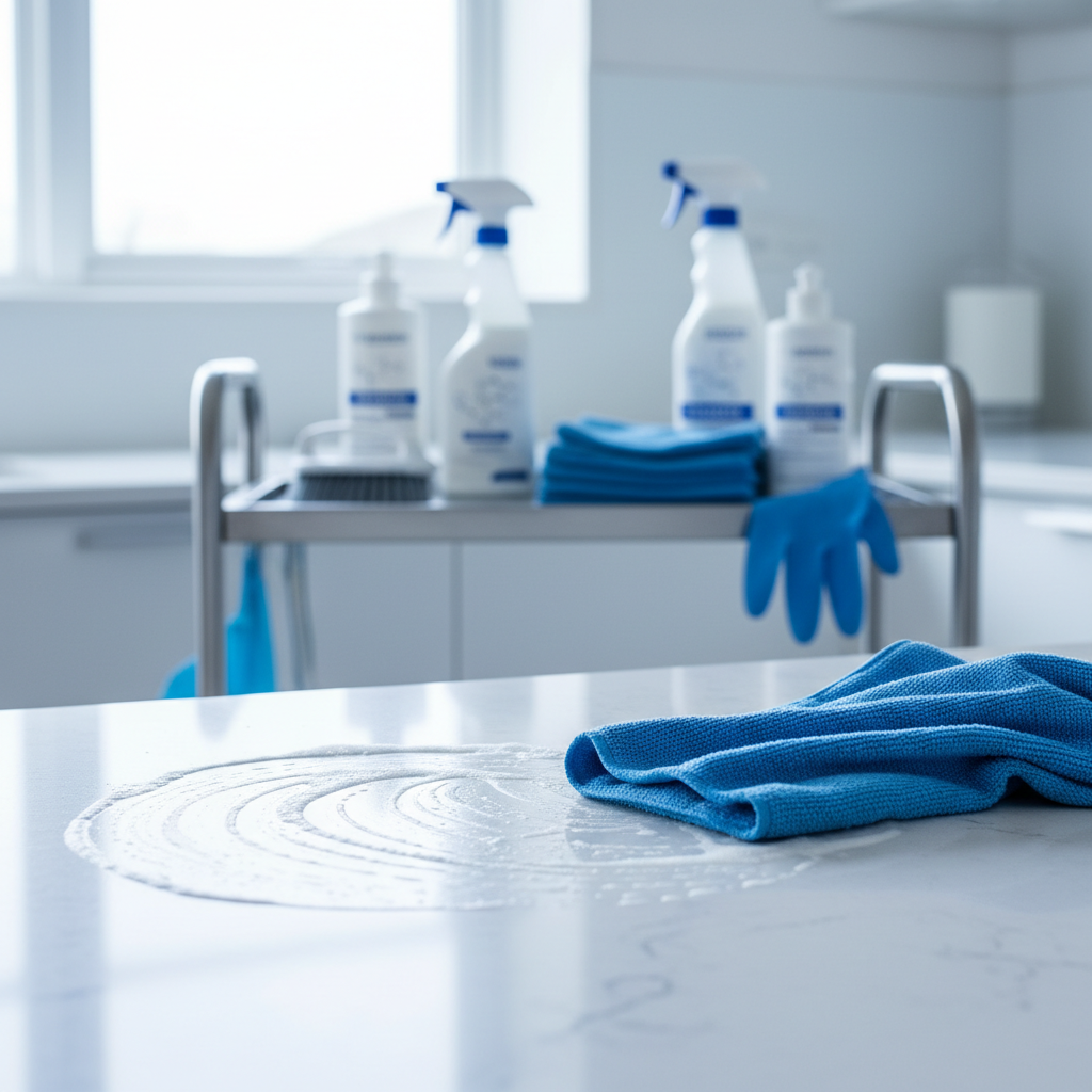 a professional cleaner meticulously wiping down a kitchen counter with cleaning supplies in the background, signifying e