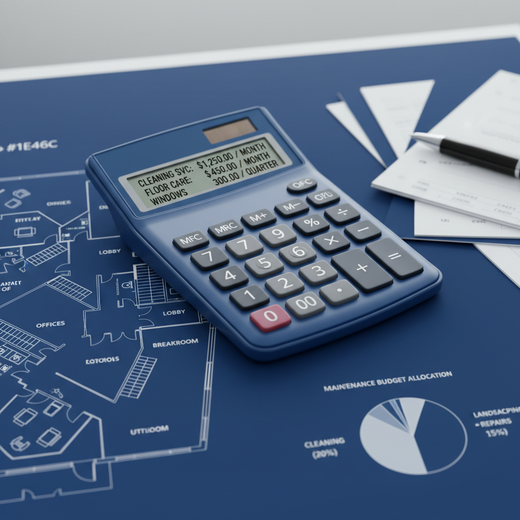 a financial calculator displaying cleaning service costs alongside a floor plan, representing budgeting for property mai