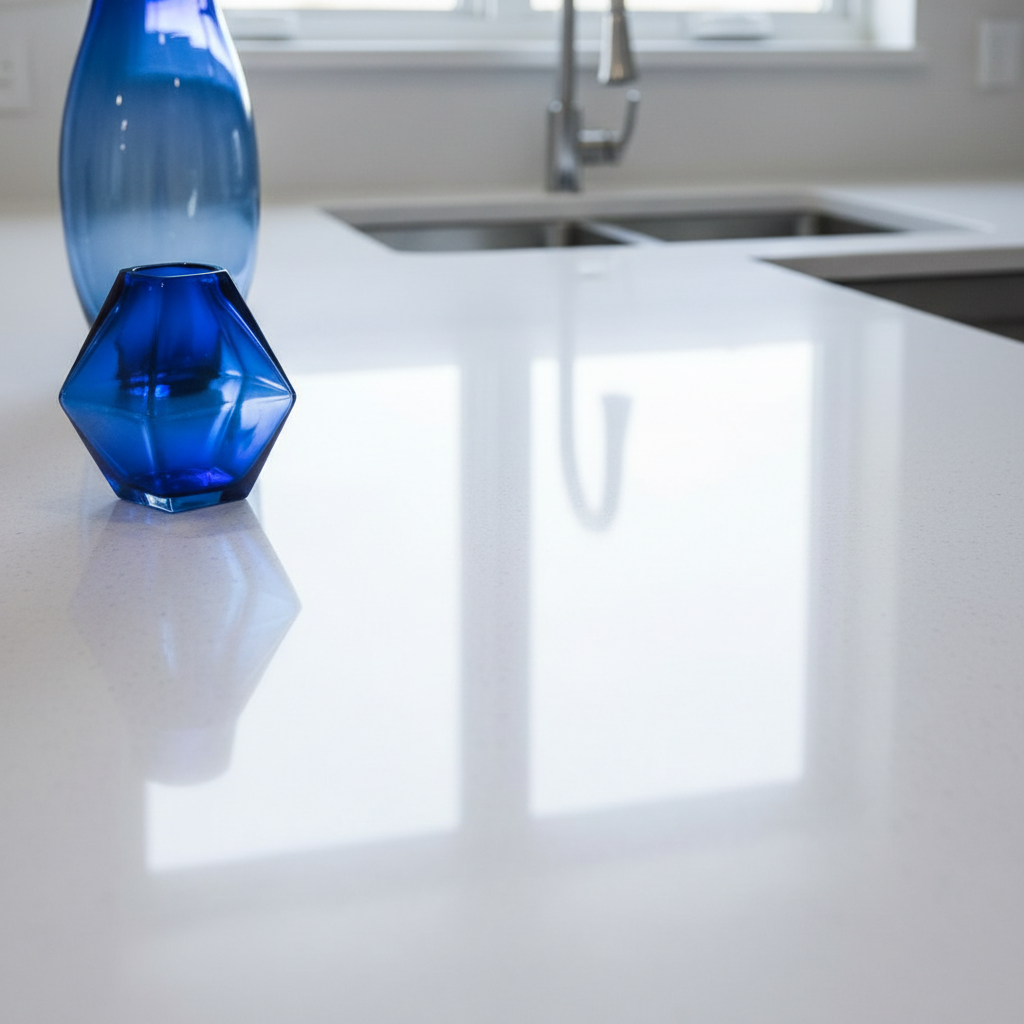 a close-up of sparkling clean kitchen countertop with reflection, no clutter, gleaming stainless steel sink in the backg