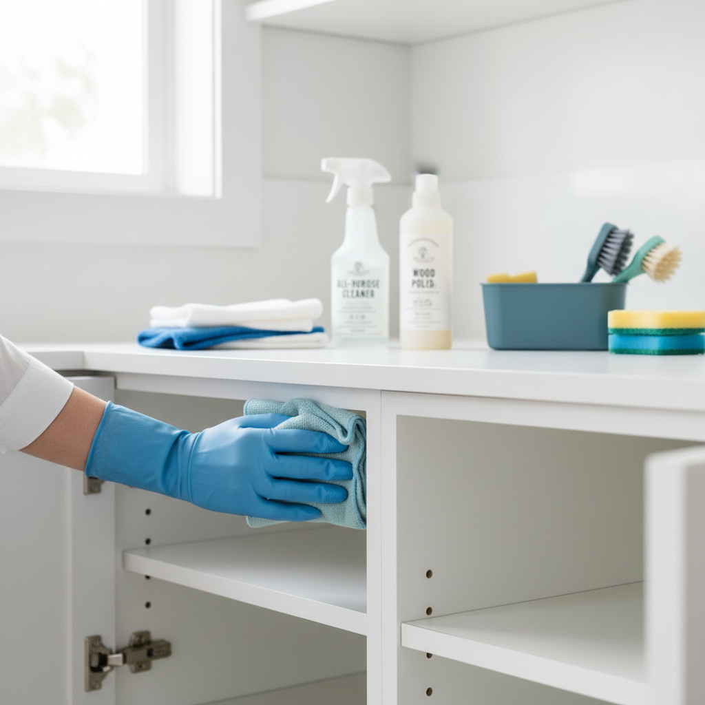 a professional cleaner meticulously wiping down a kitchen cabinet interior, wearing gloves, with cleaning supplies neatl