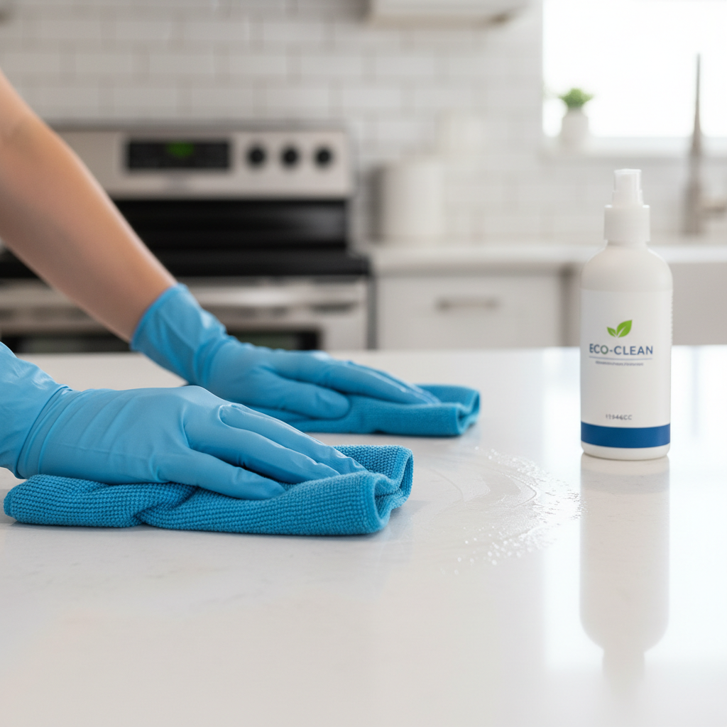 a pair of gloved hands using a microfiber cloth to thoroughly wipe down a clean kitchen counter, next to a bottle of eco