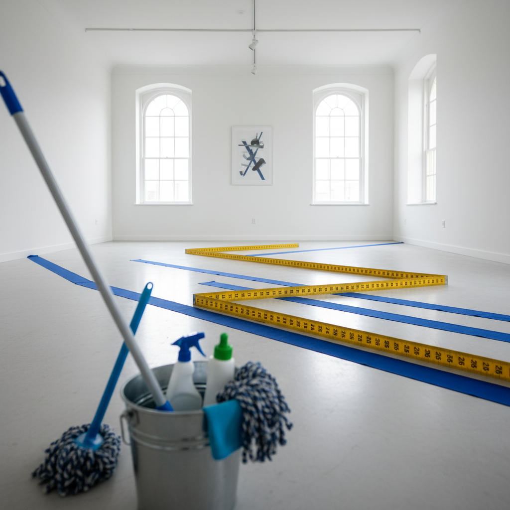 a clean, empty room with a measuring tape on the floor, suggesting a tailored approach to cleaning, with various cleanin