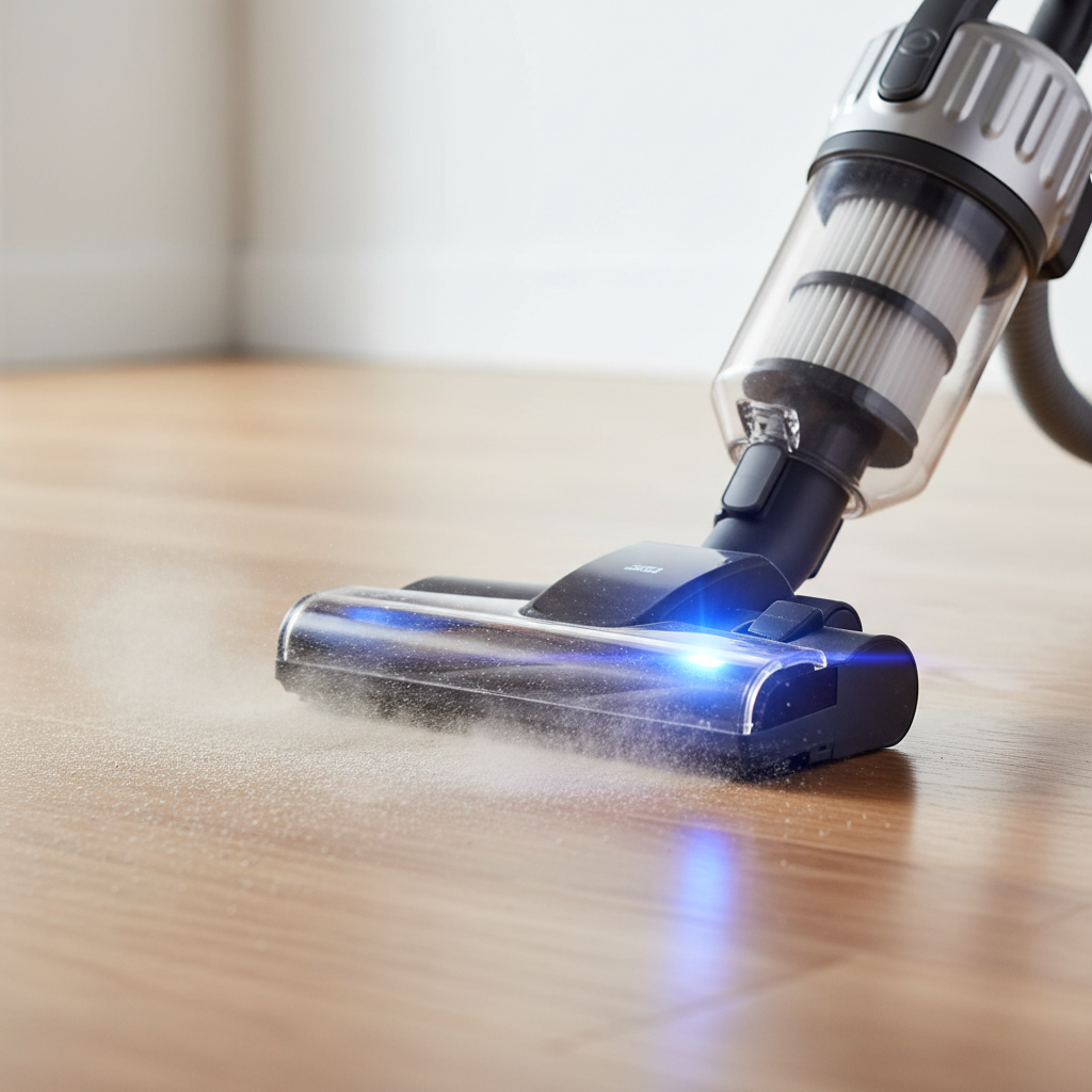a close-up of a HEPA filter vacuum cleaner in action, removing fine dust from a freshly installed wooden floor, emphasiz