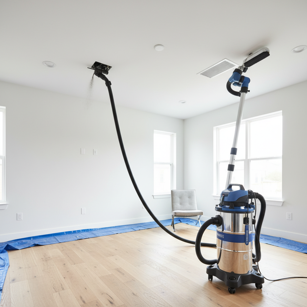 a professional cleaner using a HEPA filter vacuum with attachments to reach high corners and ceiling vents in a newly re