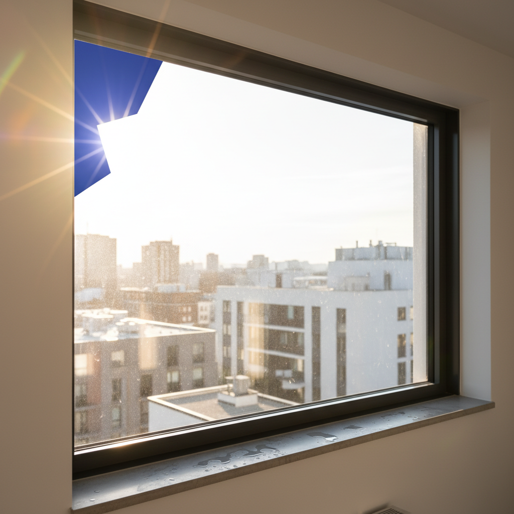 a clean window after renovation, with sunlight reflecting off the spotless glass, showcasing crystal clear views, no str