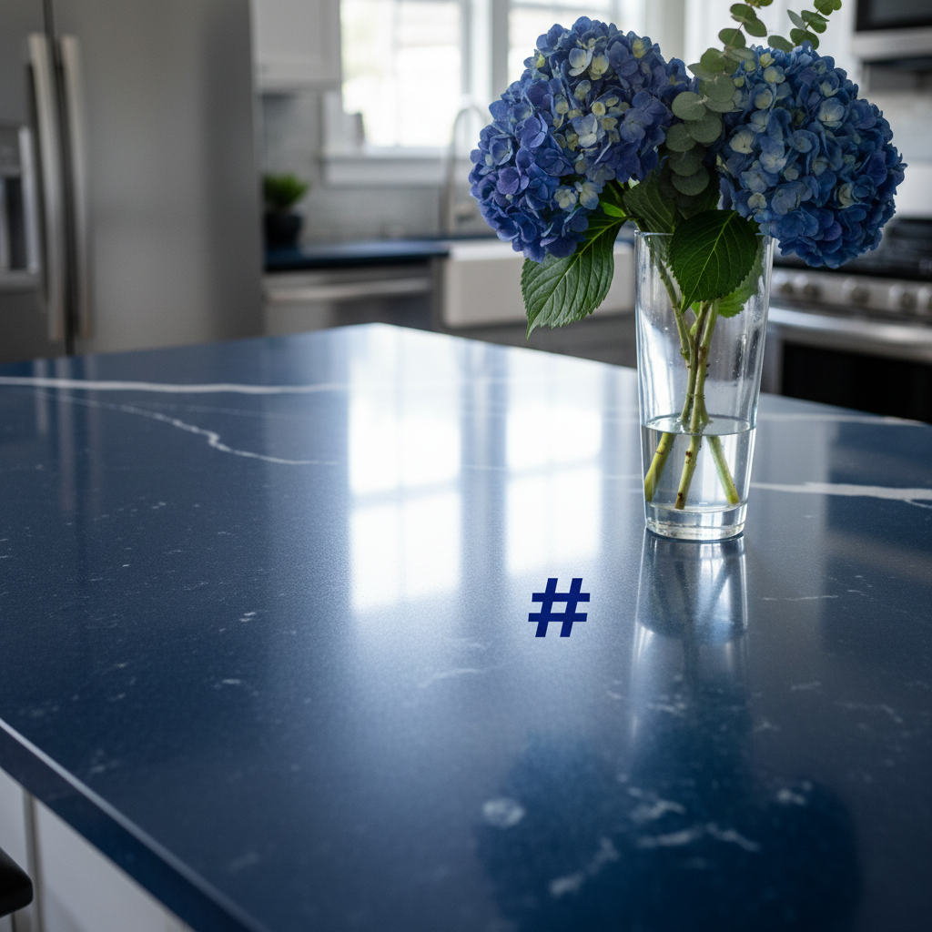 a close-up of a perfectly polished countertop in a new kitchen, reflecting light, with no dust or imperfections visible,