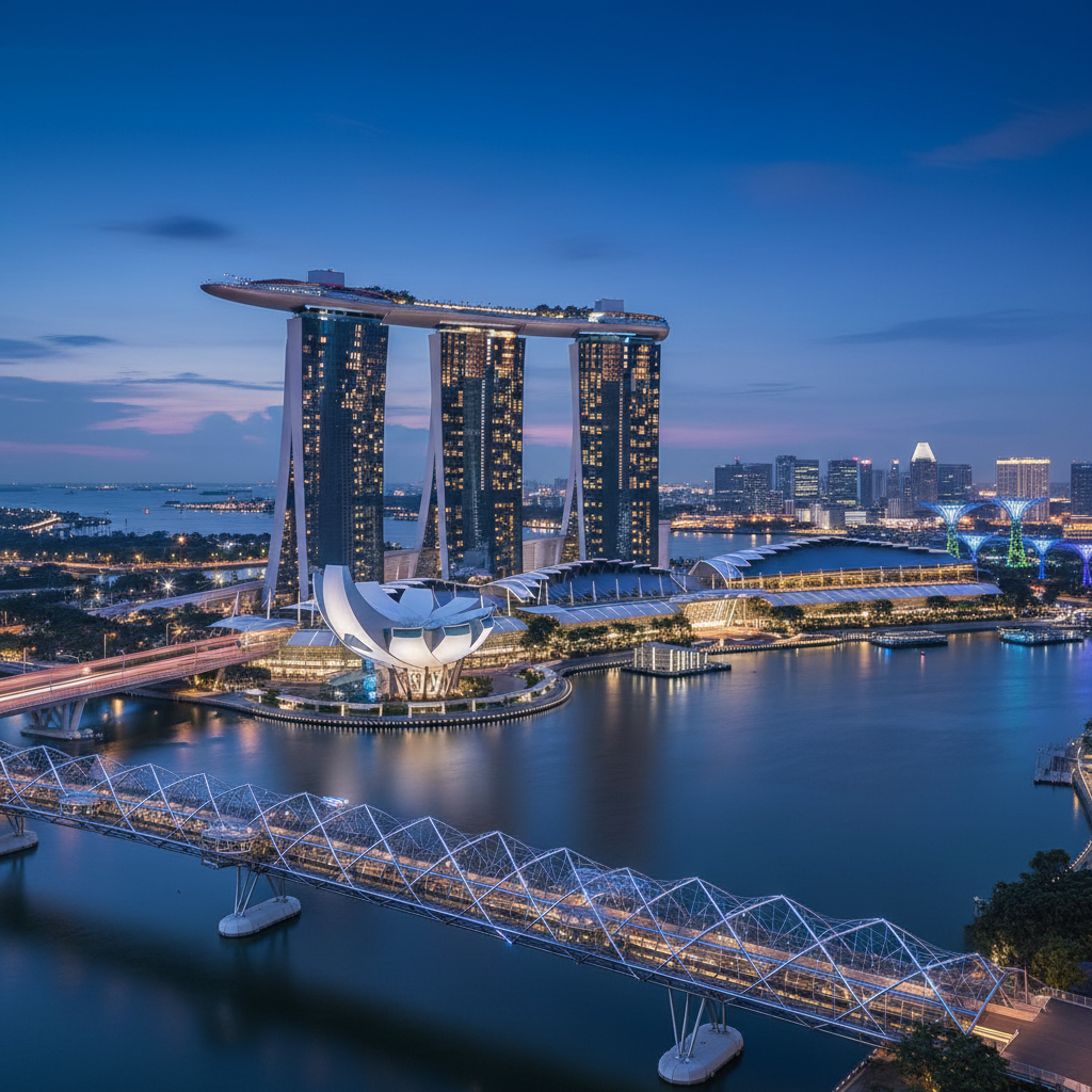 a detailed, architectural illustration of the Marina Bay Sands complex, with the Singapore River in the foreground, free - singapore river cruise review