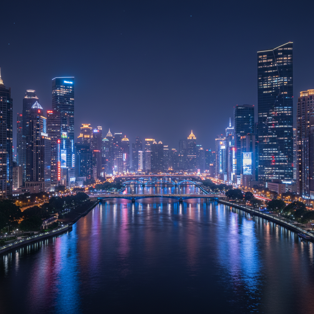 a photo of a cityscape at night, with rivers reflecting neon lights from buildings, creating a vibrant and blurry effect - singapore river cruise review