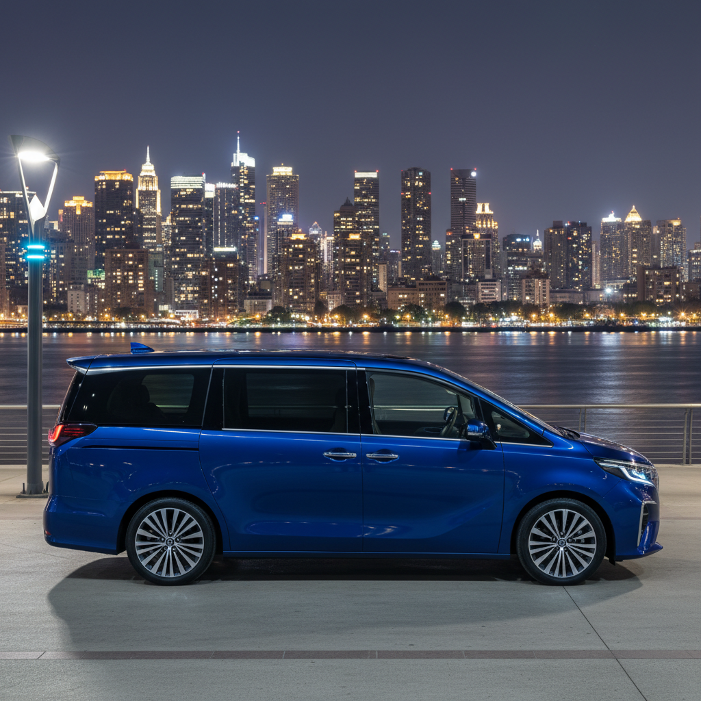 a sleek, modern premium minivan (maxicab) parked at a vibrant riverside promenade with city lights in the background, im - singapore river cruise review