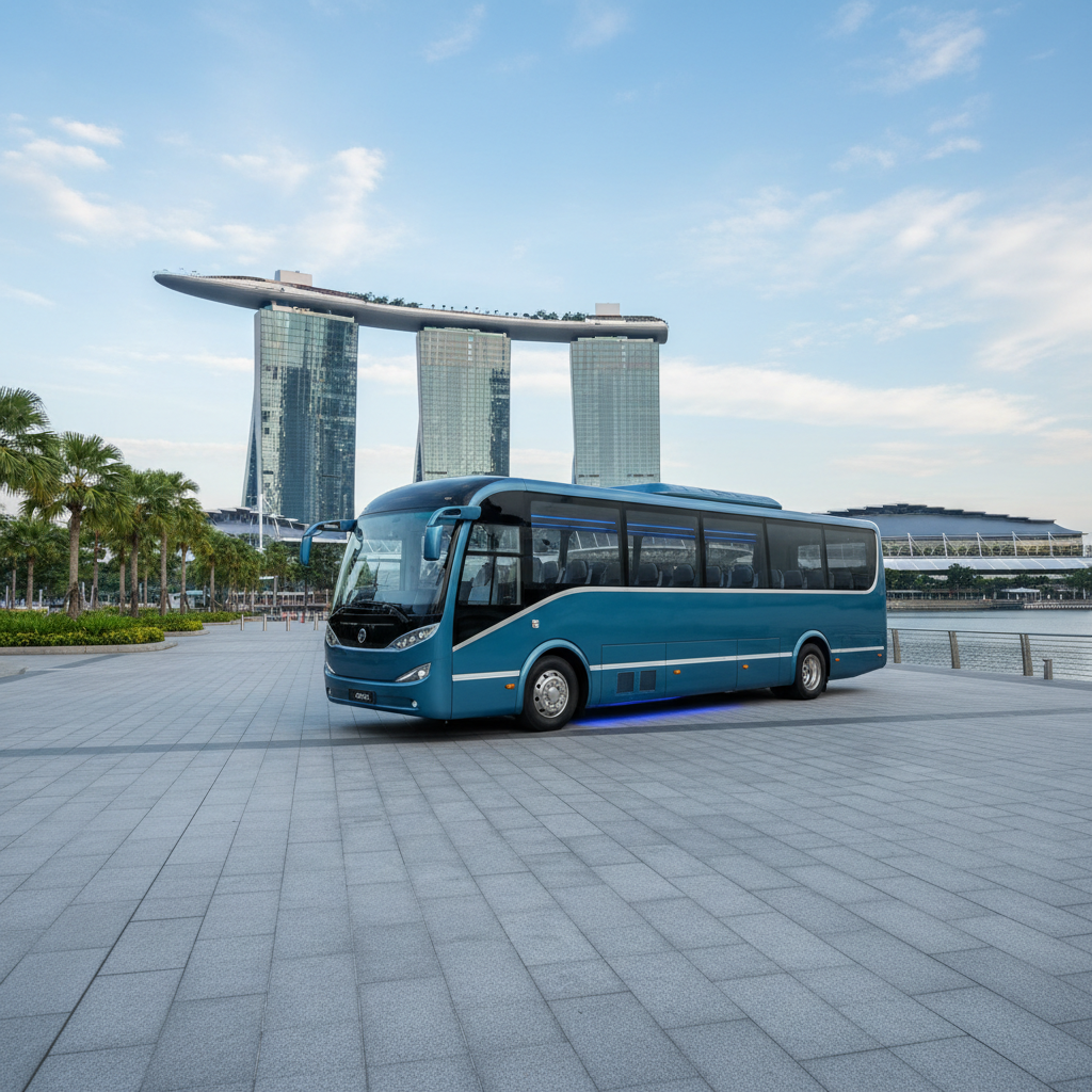 a spacious, modern minibus parked in front of a recognizable Singapore landmark like Marina Bay Sands, without any peopl - minibus rental Singapore