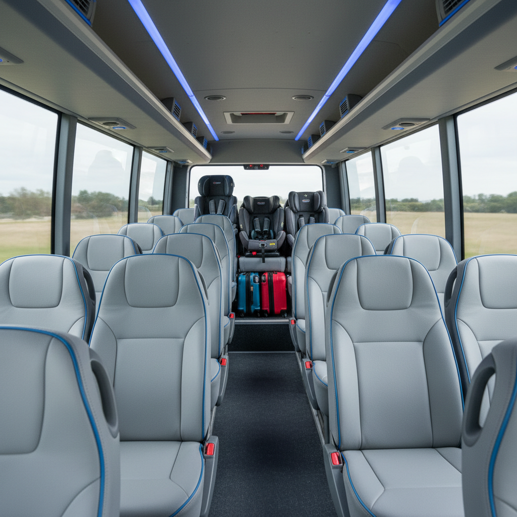 interior of a clean, comfortable minibus, showing seating arrangement and luggage space, suitable for families with chil - minibus rental Singapore
