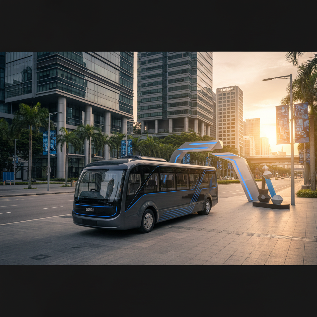 a sleek, professional minibus exterior parked at a corporate event setting in a Singapore business district, with no peo - minibus rental Singapore