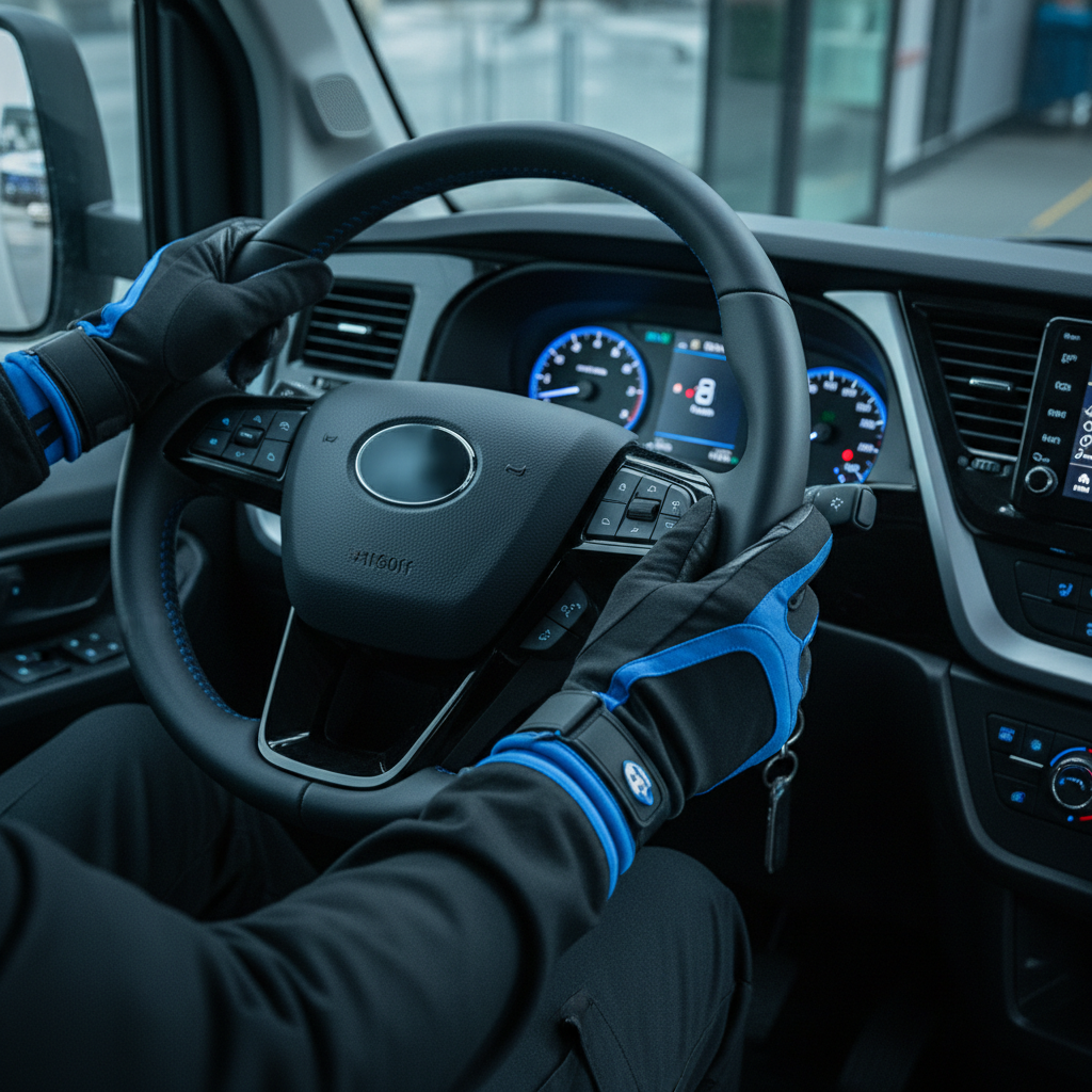 a close-up of a professional driver's hands on a steering wheel, showing dashboard in a clean minibus, no face visible - minibus rental Singapore