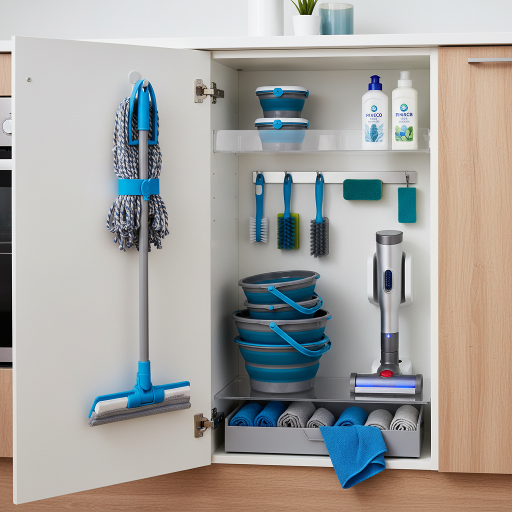 a close-up of cleaning tools efficiently stored in a small, organised utility cabinet within an apartment, showcasing sp