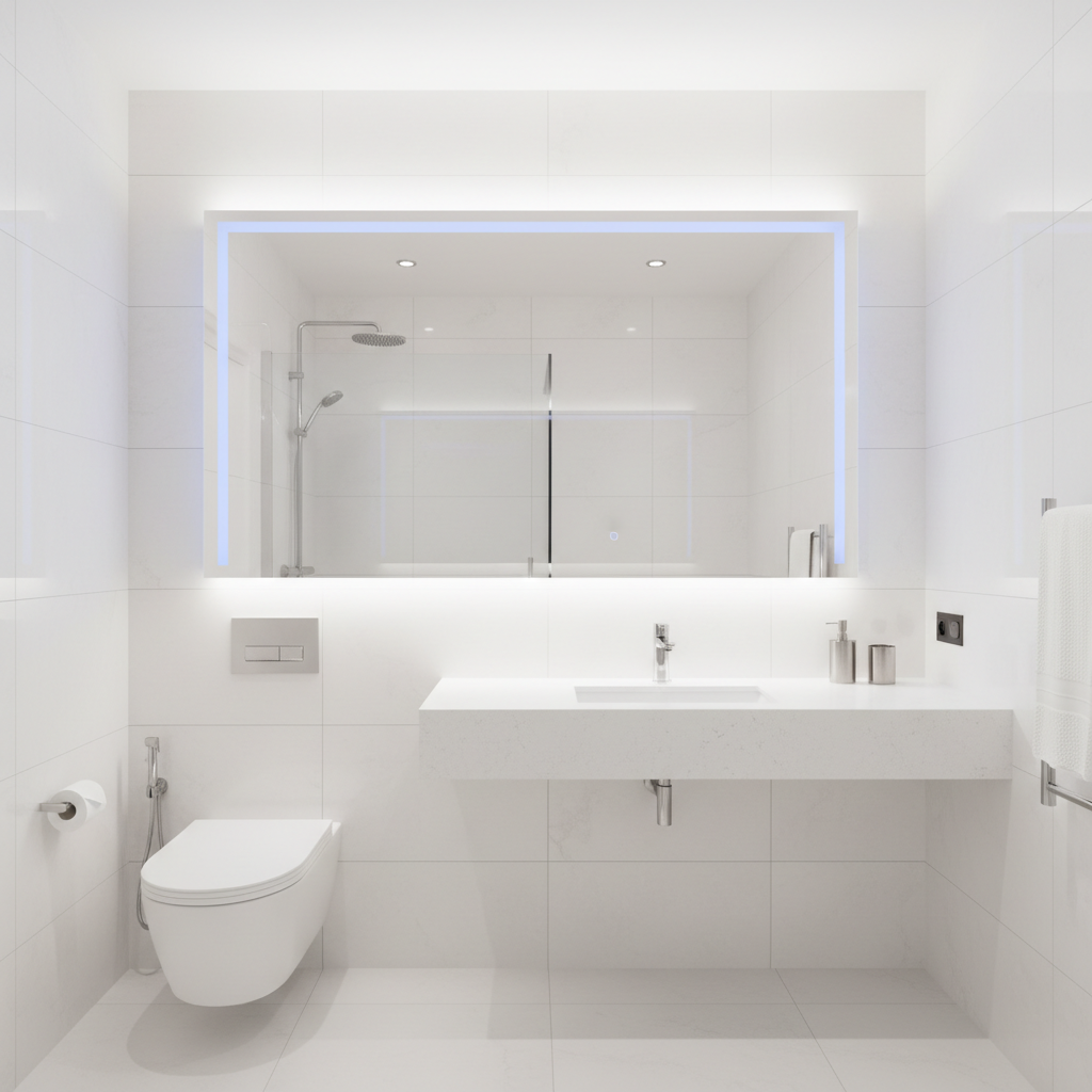 a pristine, gleaming white bathroom in a modern apartment, showing polished fixtures, a spotless sink, and a clean mirro