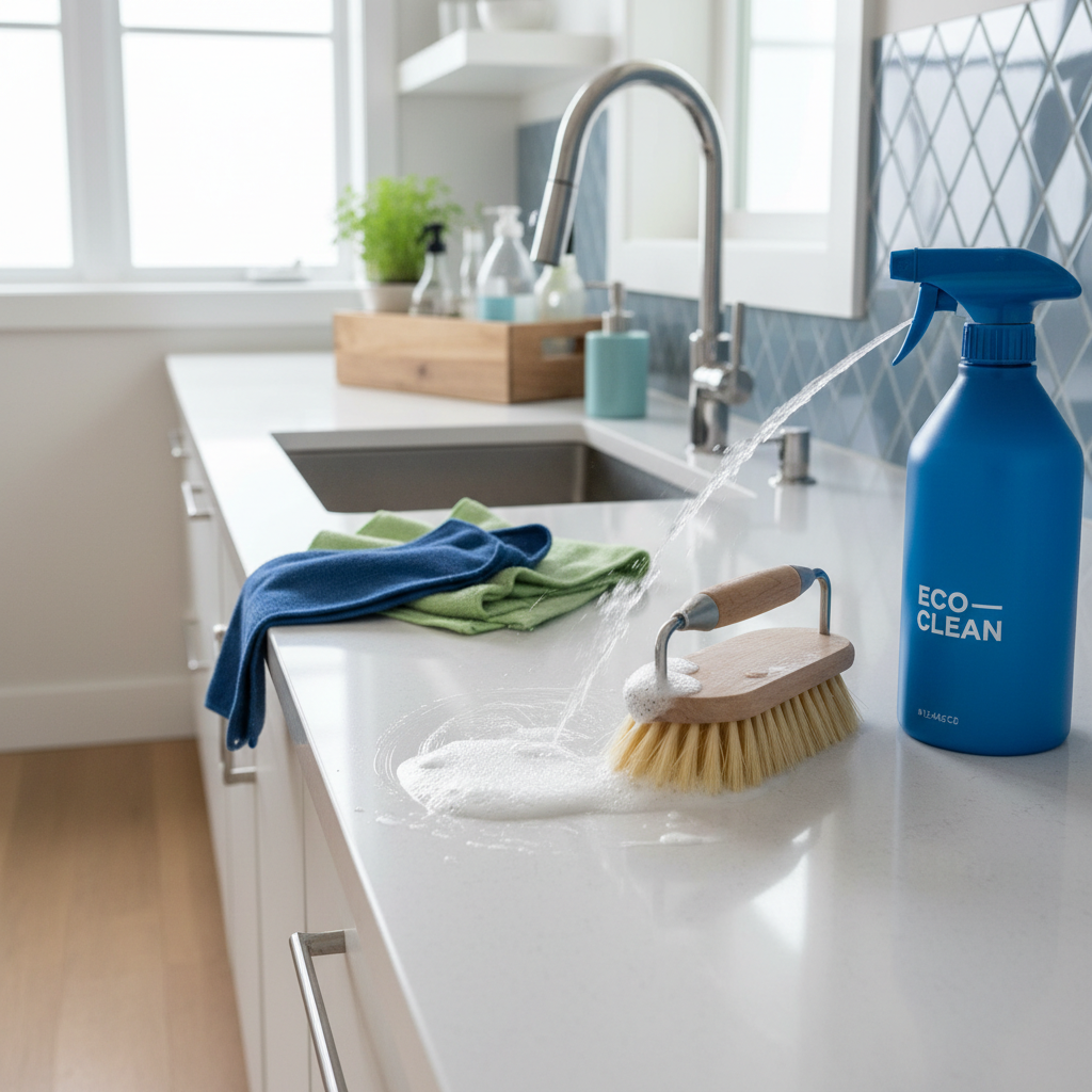a professional cleaner meticulously scrubbing a kitchen countertop with eco-friendly products in a clean apartment, atte