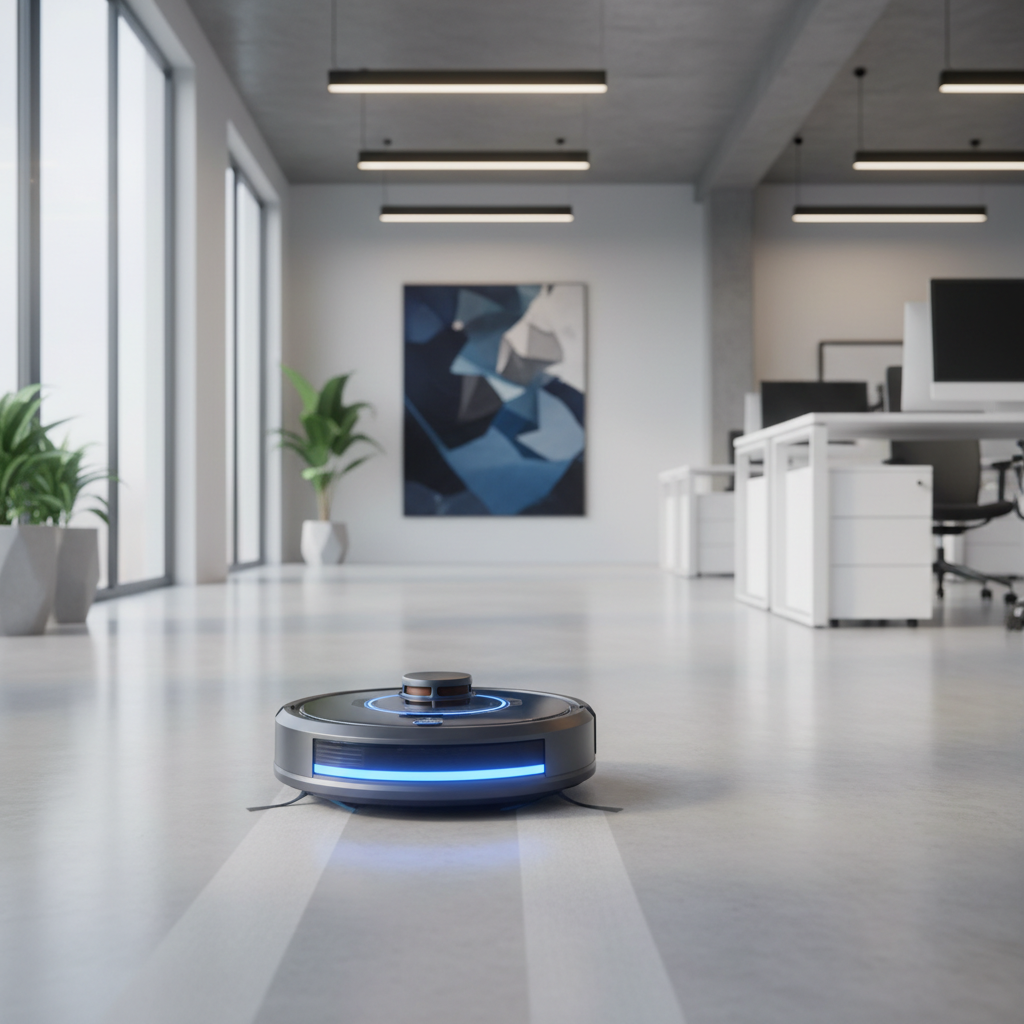 a sleek, futuristic robot vacuum cleaner autonomously navigating a modern, uncluttered office floor, leaving clean strea