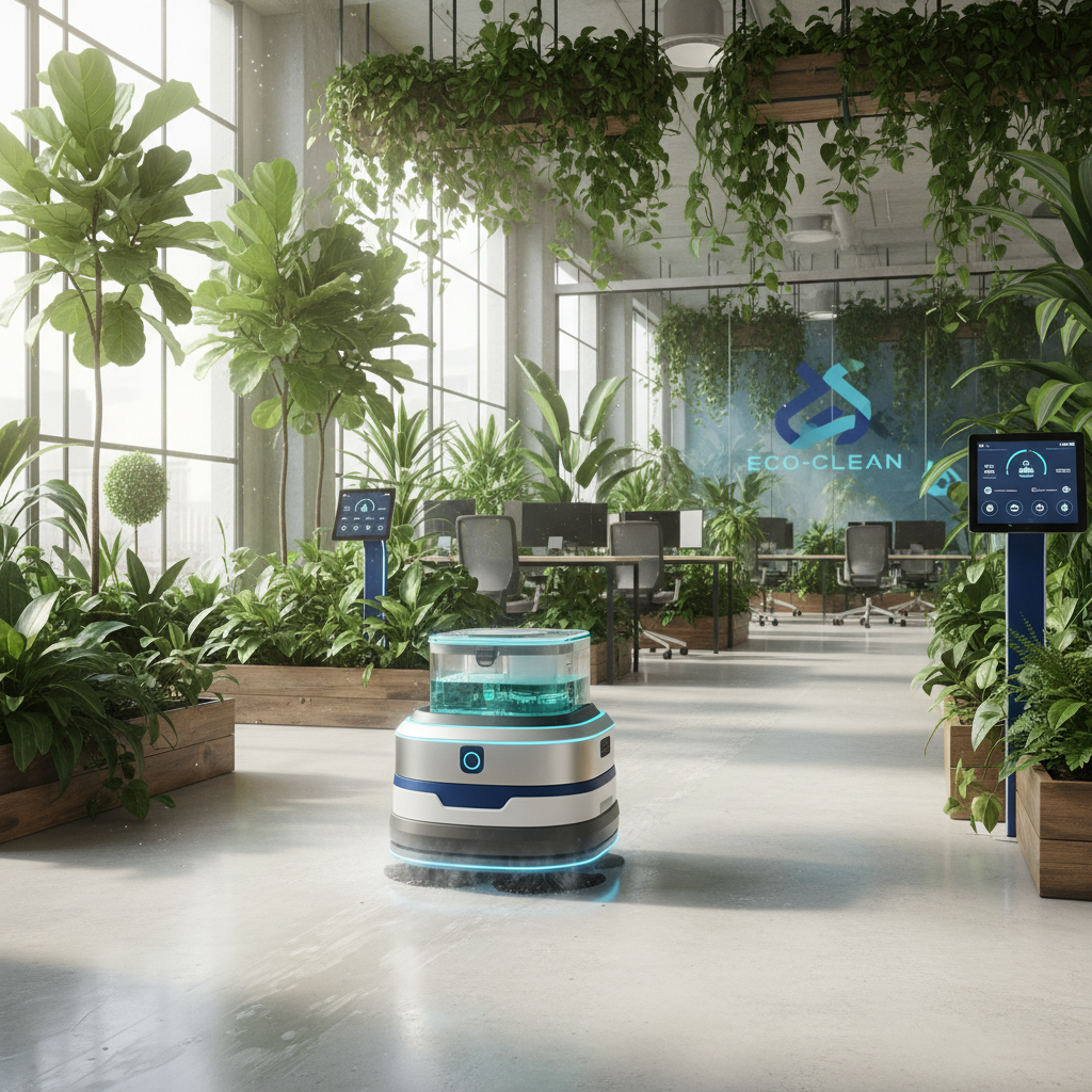a futuristic water-saving cleaning device, possibly a compact scrubber, operating in an eco-friendly office environment 