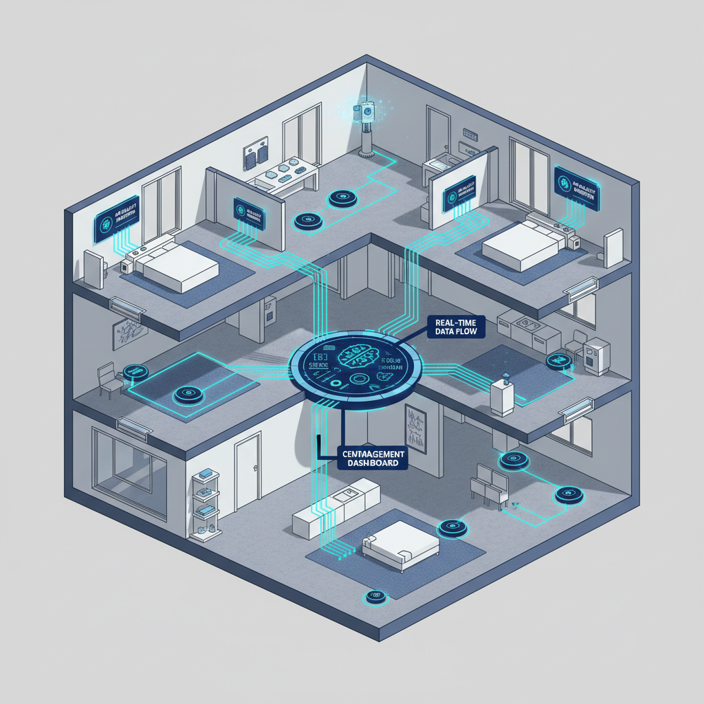 a schematic illustration of interconnected smart cleaning devices and sensors within a building layout, showing data flo
