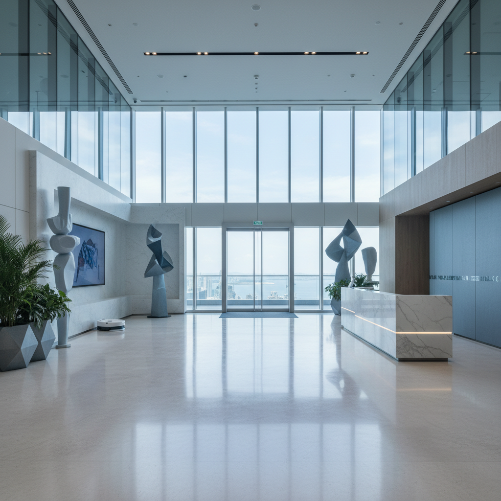 a sparkling clean, modern office lobby in a Singapore skyscraper, with a subtle indication of smart cleaning (e.g., a we