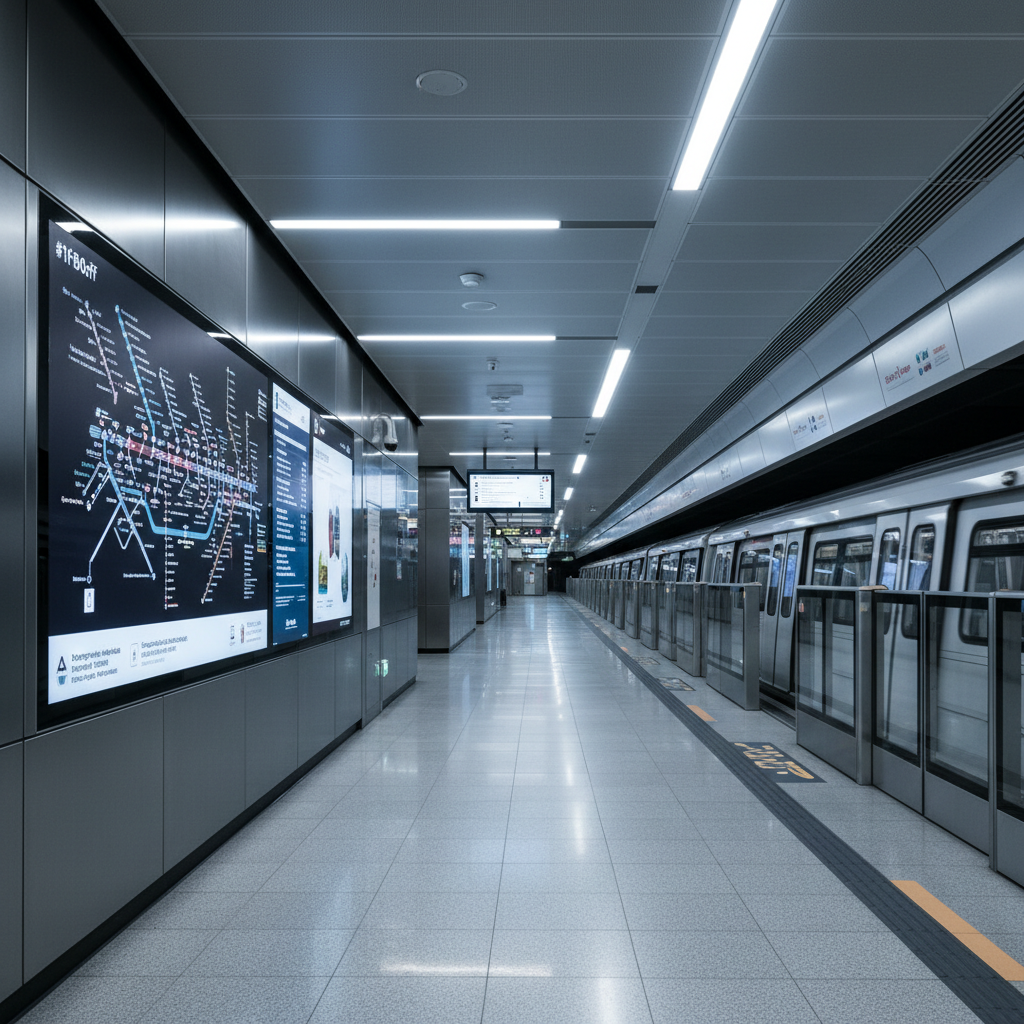 a clean, modern MRT train platform in Singapore, devoid of people, showcasing digital information screens and architectu - how to get around singapore